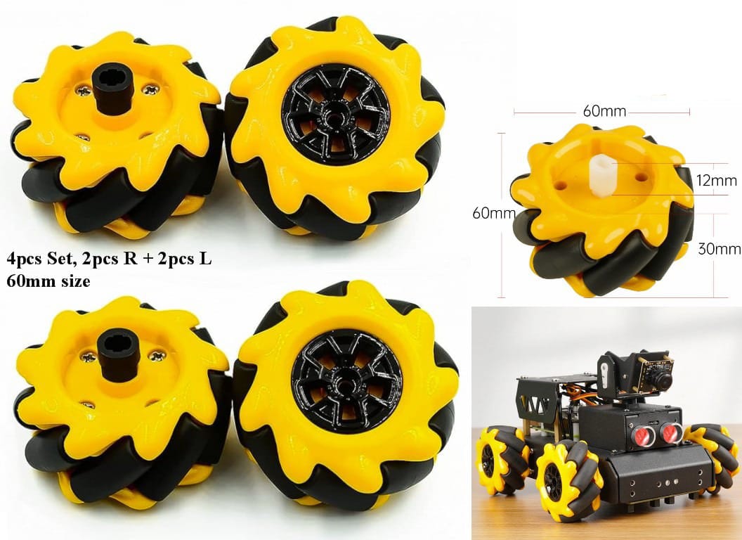 TT motor Mecanum Wheel tyre 4pcs set 60mm Omnidirectional Smart Robot Car chassis Accessories DIY Toy Components - a dimension diagram, and a robot car chassis with the wheels attached.