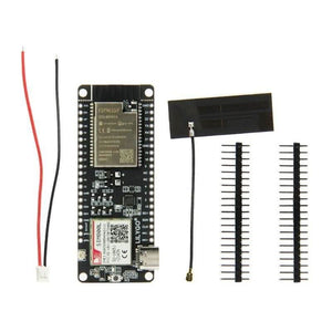 Ttgo T-call V1.4 ESP32 SIM800L GSM Module Upgraded Version Of V1.3 - with a black circuit board, antenna, two header strips, and a red and black power cable.