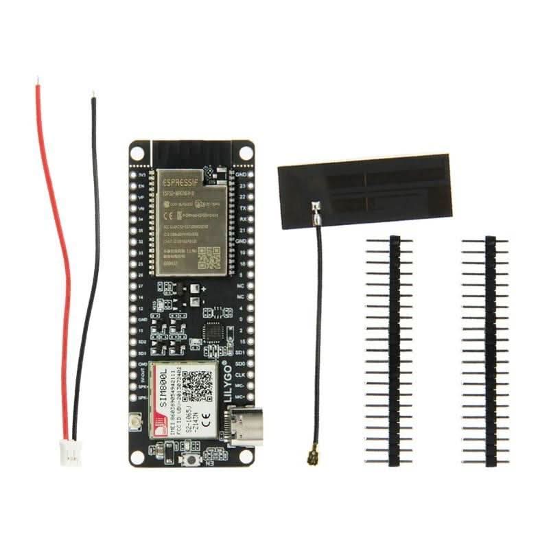 Ttgo T-call V1.4 ESP32 SIM800L GSM Module Upgraded Version Of V1.3 - with a black circuit board, antenna, two header strips, and a red and black power cable.