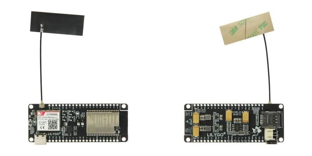Ttgo T-call V1.4 ESP32 SIM800L GSM Module Upgraded Version Of V1.3 - shown from front and back, featuring a black PCB, attached antenna, USB port, and SIM card slot.