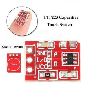 TTP223 Touch Sensor Module Touch Sensor For Arduino And Raspberry Pi - shown in a top-down view, a close-up on a finger, and a diagram with dimensions, featuring red circuit boards with pins.
