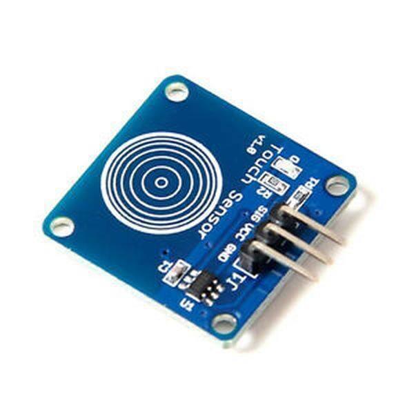 TTP223B Capacitive Touch Sensor Module - a square blue circuit board featuring a circular touch pad and three metal pins labeled SIG, VCC, and GND.