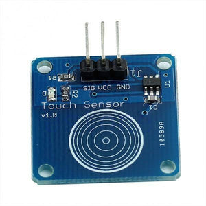 TTP223B Capacitive Touch Sensor Module - a blue square circuit board with a circular touch pad, a three-pin header, and labeled SIG, VCC, and GND.