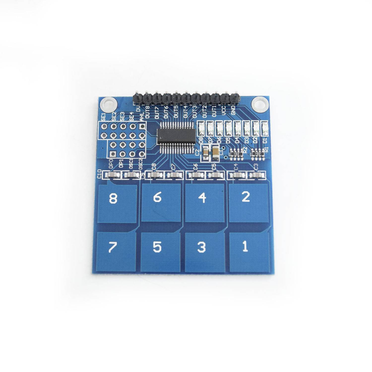 TTP226 8 Channel Digital Capacitive Touch Sensor Module - a blue rectangular circuit board with eight numbered touch pads and a top header connector.