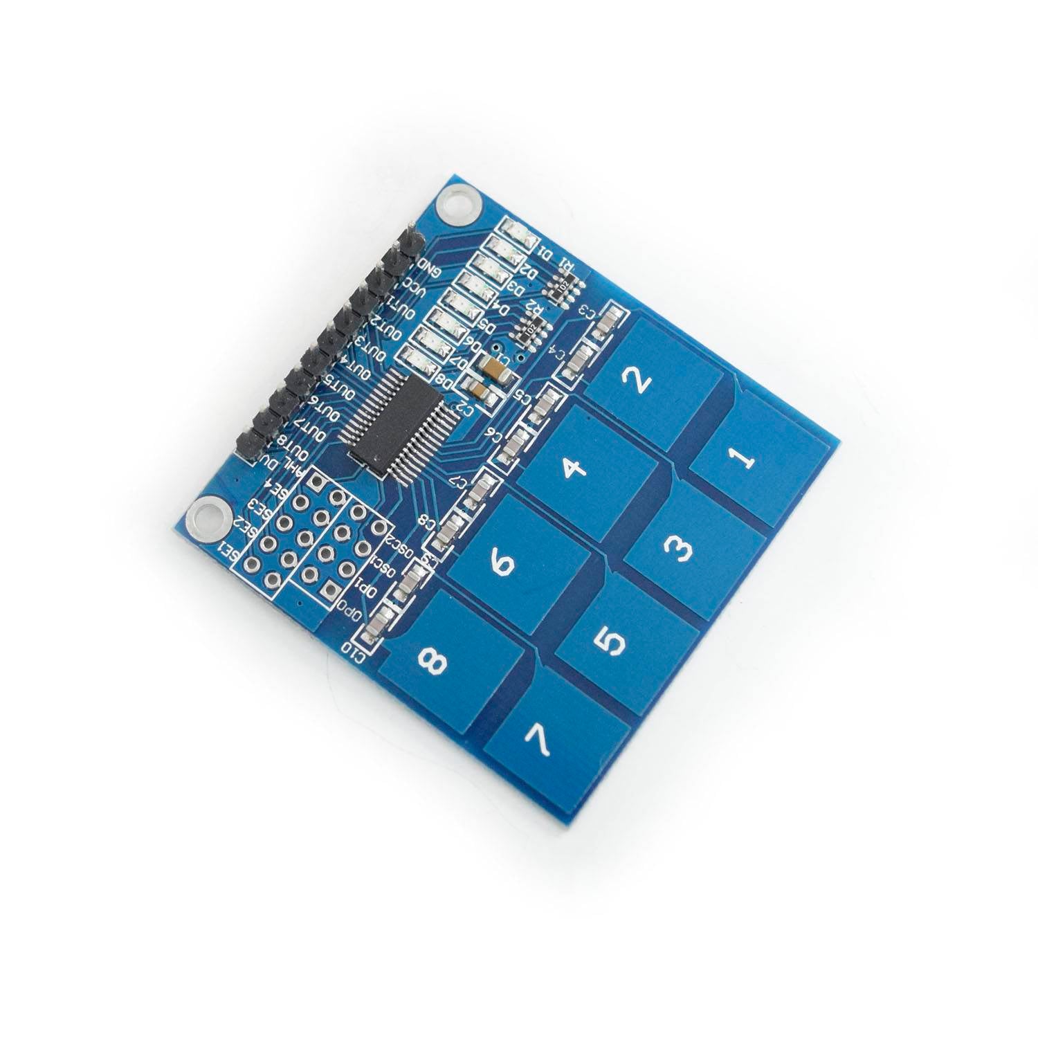 TTP226 8 Channel Digital Capacitive Touch Sensor Module - the blue rectangular PCB with eight numbered touch pads and a row of output pins.