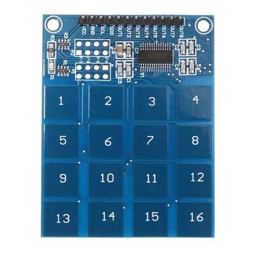 TTP229 16 Way Capacitive Touch Switch 4x4 Keypad Digital Touch Sensor Module - a blue rectangular board featuring 16 touch-sensitive numbered squares and a top pin header.
