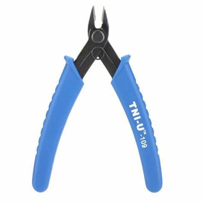 Tu-109 5 ’’ Electric Excellent Curved Cut Pliers Jewelry Fishing Pliers - TNI-U-109 pliers, a pair of black metal side cutters with blue rubberized handles, shown against a plain white background.
