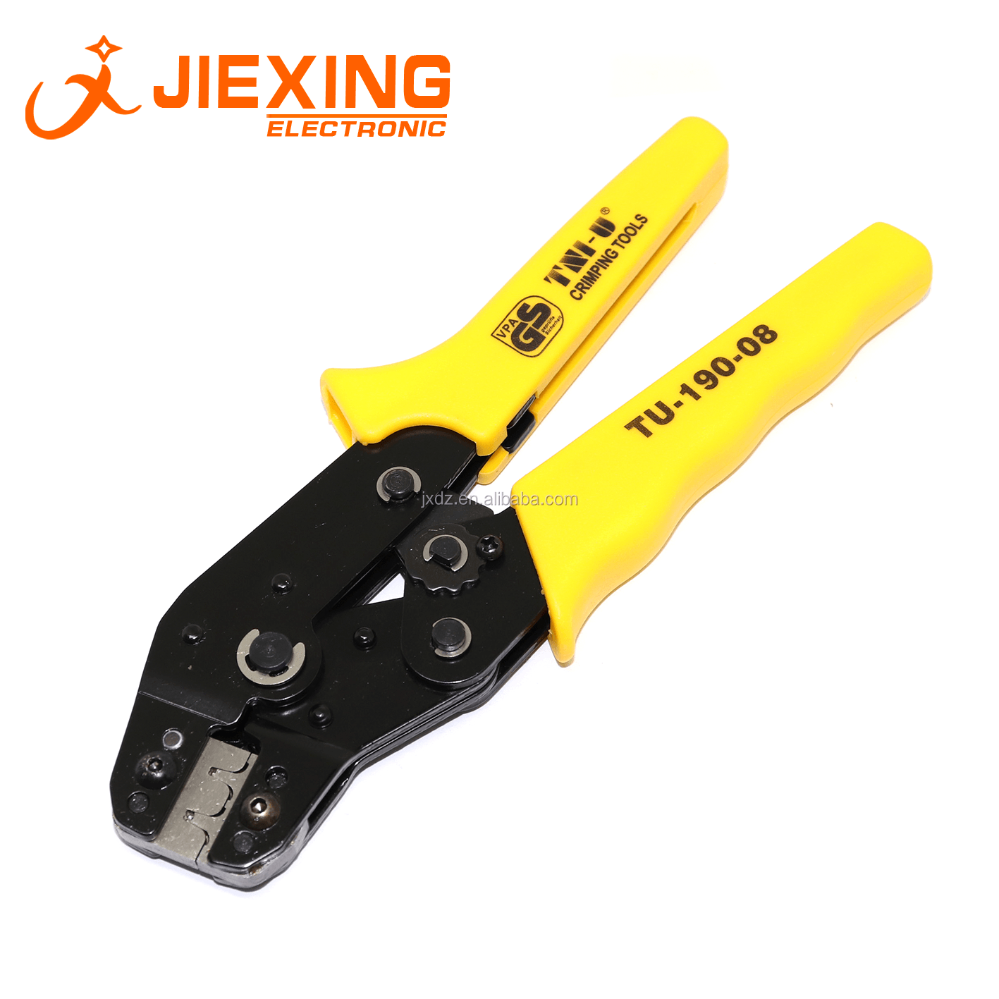TU-190-08 Terminals TU Tool Crimping Tool Crimping Cable Cutter for 24AWG-10AWG 0.08-0.5sq.mm - a black metal hand tool with yellow rubberized handles, featuring a ratcheting mechanism and a terminal crimping jaw.