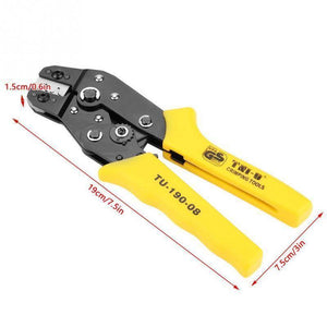 TU-190-08 Terminals TU Tool Crimping Tool Crimping Cable Cutter for 24AWG-10AWG 0.08-0.5sq.mm - a black metal hand tool with yellow rubber handles, displayed with red dimension lines and measurement text.