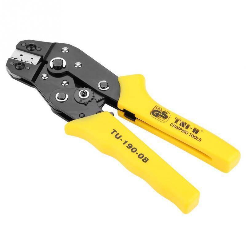 TU-190-08 Terminals TU Tool Crimping Tool Crimping Cable Cutter for 24AWG-10AWG 0.08-0.5sq.mm - a black metal hand tool with yellow plastic handles and a ratcheting mechanism, shown against a white background.