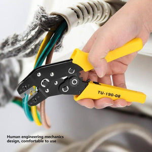 TU-190-08 Terminals TU Tool Crimping Tool Crimping Cable Cutter for 24AWG-10AWG 0.08-0.5sq.mm - a black metal hand tool with yellow handles, being used to crimp a multi-coloured wire cable.