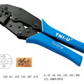 TU-301B Multifunctional Ratchet Crimping Pliers BNC 3 Hole Hexagonal Cold Press Pliers Coaxial Cable - with blue handles, featuring a hexagonal jaw design, a technical diagram, and a small collection of coaxial connectors.