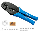 TU-301B Multifunctional Ratchet Crimping Pliers BNC 3 Hole Hexagonal Cold Press Pliers Coaxial Cable - with blue handles, featuring a hexagonal jaw design, a technical diagram, and a small collection of coaxial connectors.