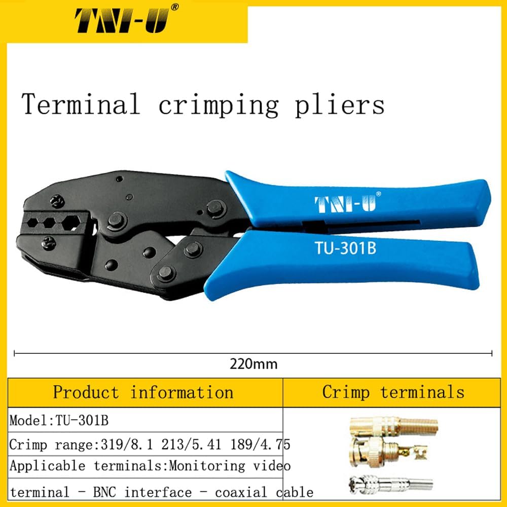 TU-301B Multifunctional Ratchet Crimping Pliers BNC 3 Hole Hexagonal Cold Press Pliers Coaxial Cable - shown in a product diagram with blue handles, a black metal head, and three BNC coaxial cable connectors displayed on the right.