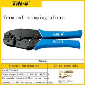 TU-301B Multifunctional Ratchet Crimping Pliers BNC 3 Hole Hexagonal Cold Press Pliers Coaxial Cable - shown in a product diagram with blue handles, a black metal head, and three BNC coaxial cable connectors displayed on the right.