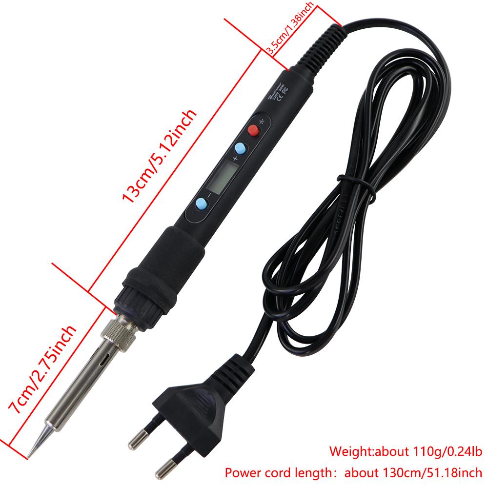 TU-907G Soldering Station Repair Kit 80W Electric Soldering Iron LCD Digital Display Adjustable Temperature 220V EU - a black handheld tool with an LCD screen, three control buttons, a metal tip, and a power cord with an EU plug, shown with dimensions.