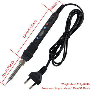 TU-907G Soldering Station Repair Kit 80W Electric Soldering Iron LCD Digital Display Adjustable Temperature 220V EU - a black handheld tool with an LCD screen, three control buttons, a metal tip, and a power cord with an EU plug, shown with dimensions.