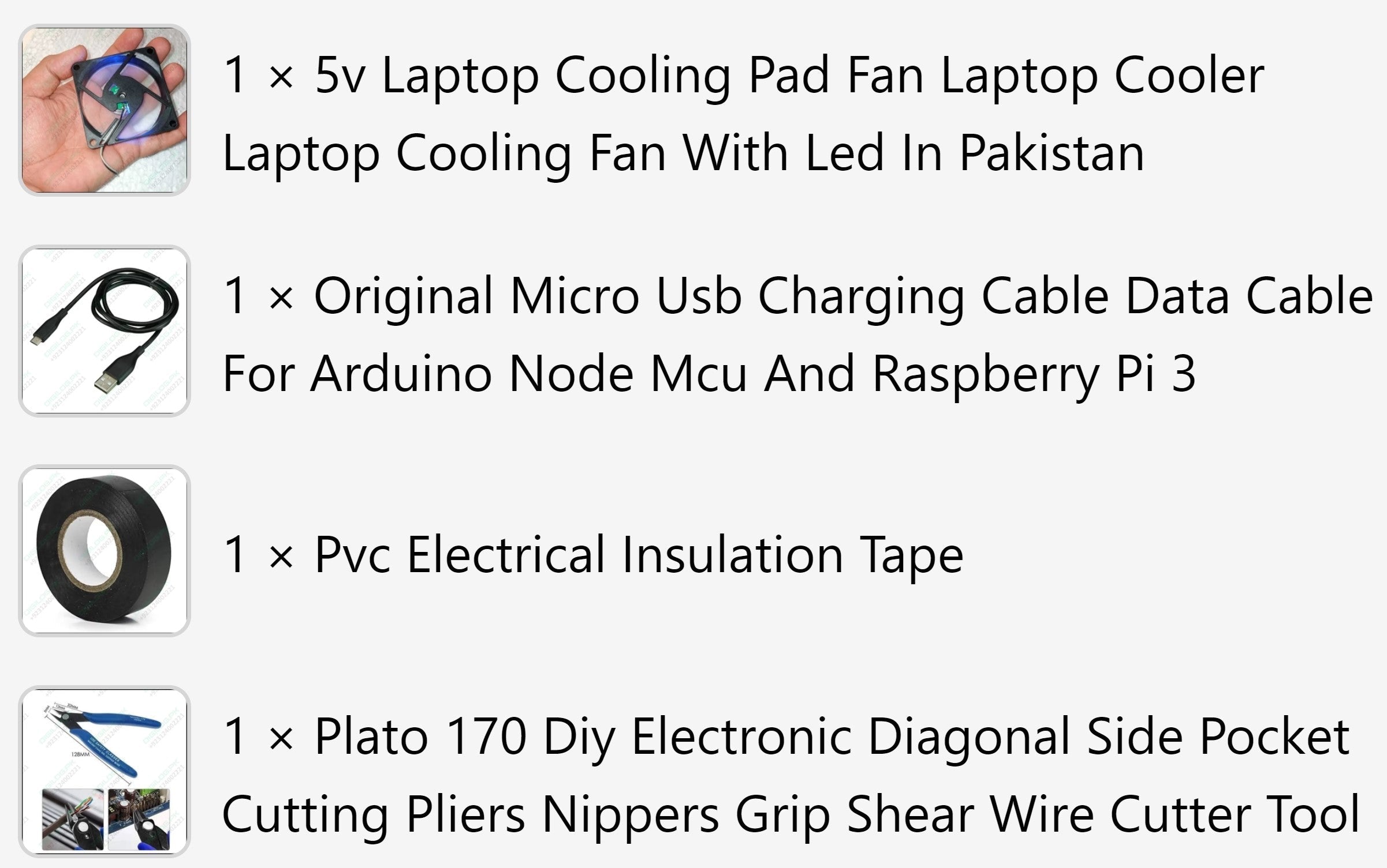 Turn CPU Fan Into Desk Fan OR USB Fan | DIY Science Project - a list of four items: a 5v LED cooling fan, a micro USB cable, a roll of PVC tape, and wire cutting pliers.