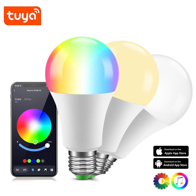 Tuya Smart RGB LED Bluetooth Dimmable Light Bulb Lamp E27 B22 - shown with three bulbs in different colors and a smartphone displaying a color control app interface.