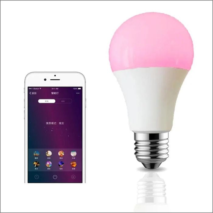 Tuya Smart RGB LED Bluetooth Dimmable Light Bulb Lamp E27 B22 - shown with a pink glowing bulb and a smartphone displaying a smart lighting control app.