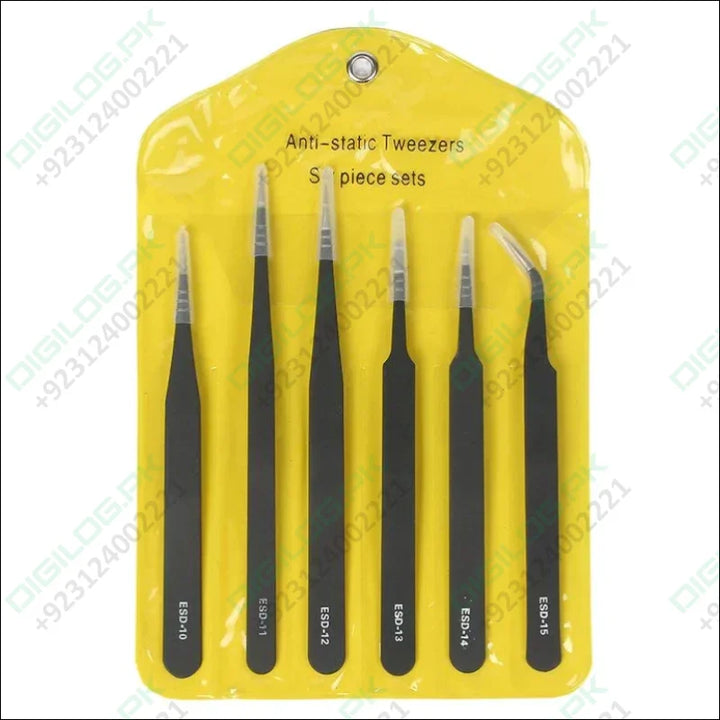 Set of 6 Non-Magnetic Stainless Steel Tweezers - ESD Safe