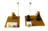 Two-channel remote control module 27M transmitter receiver toy DIY technology model parts - a brown transmitter circuit board with two buttons and a receiver board with two white connectors.