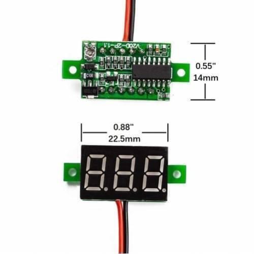 Two Wire 0.28 Inch LED Mini DC Voltmeter Digital Display Voltage Tester Meter - the front 3-digit LED screen and the rear green circuit board with red and black wires.