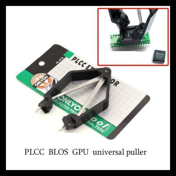 Ty-610 PLCC IC Circuit Board Extractor Tool Chip Pull Up Machine Clip - shown with its black plastic and metal puller on retail packaging and an inset demonstrating chip removal.