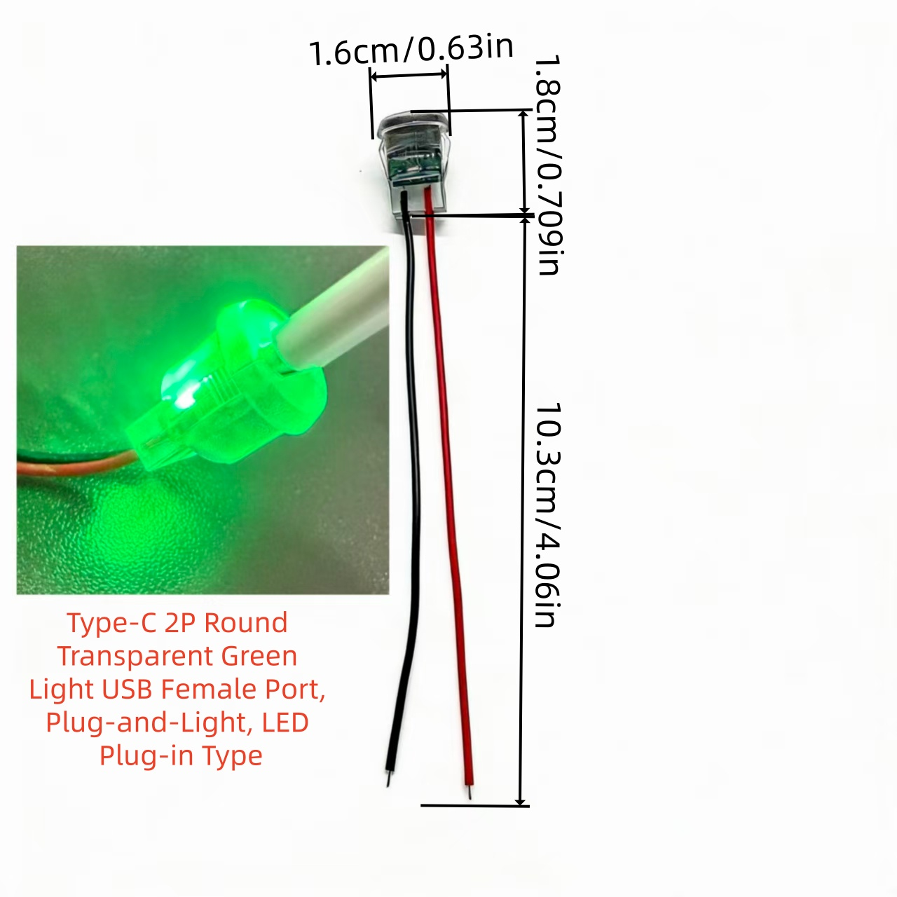 Type-C 2P Round Transparent Green Light USB Female Port – LED Plug-in Type - shown with dimensions, two wires, and an inset image of the component glowing green.