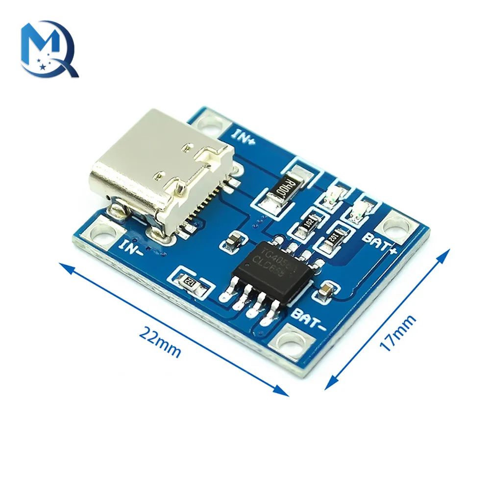 Type C 5V 1A TP4056 1s Lithium Battery Charger Module BMS - shown as a blue circuit board with a USB-C port, a black IC chip, and dimension markers.