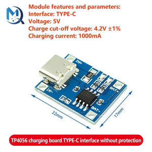 Type C 5V 1A TP4056 1s Lithium Battery Charger Module BMS - shown as a blue circuit board with a Type-C port, a chip, and labeled connection pads.