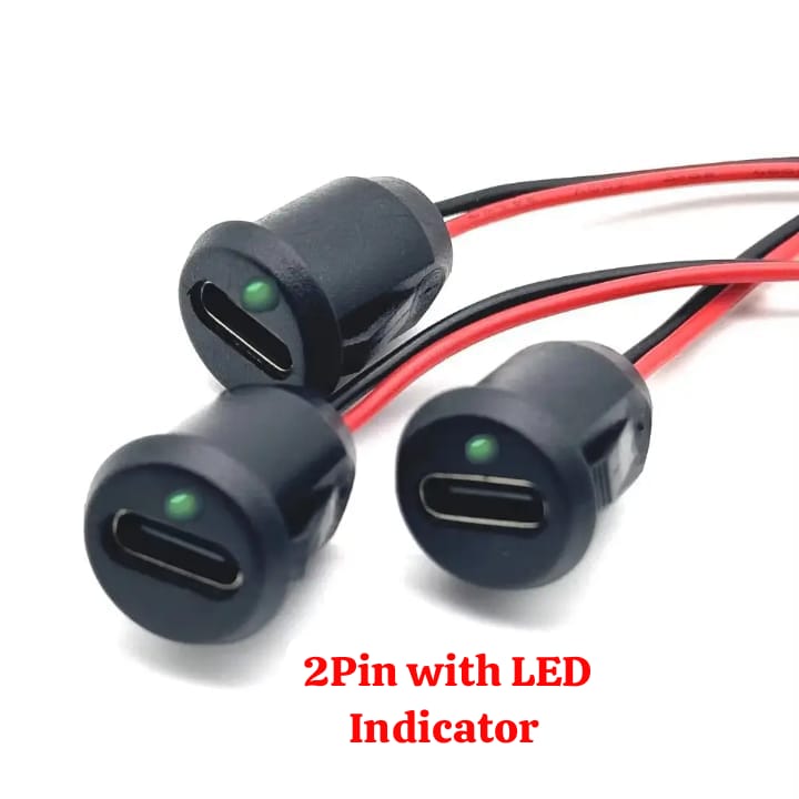 TYPE-C Lithium Battery Charger with Push-in Connector & LED Indicator – TP4056 - & LED Indicator: three black circular USB-C ports with green LED indicators and red and black wires.