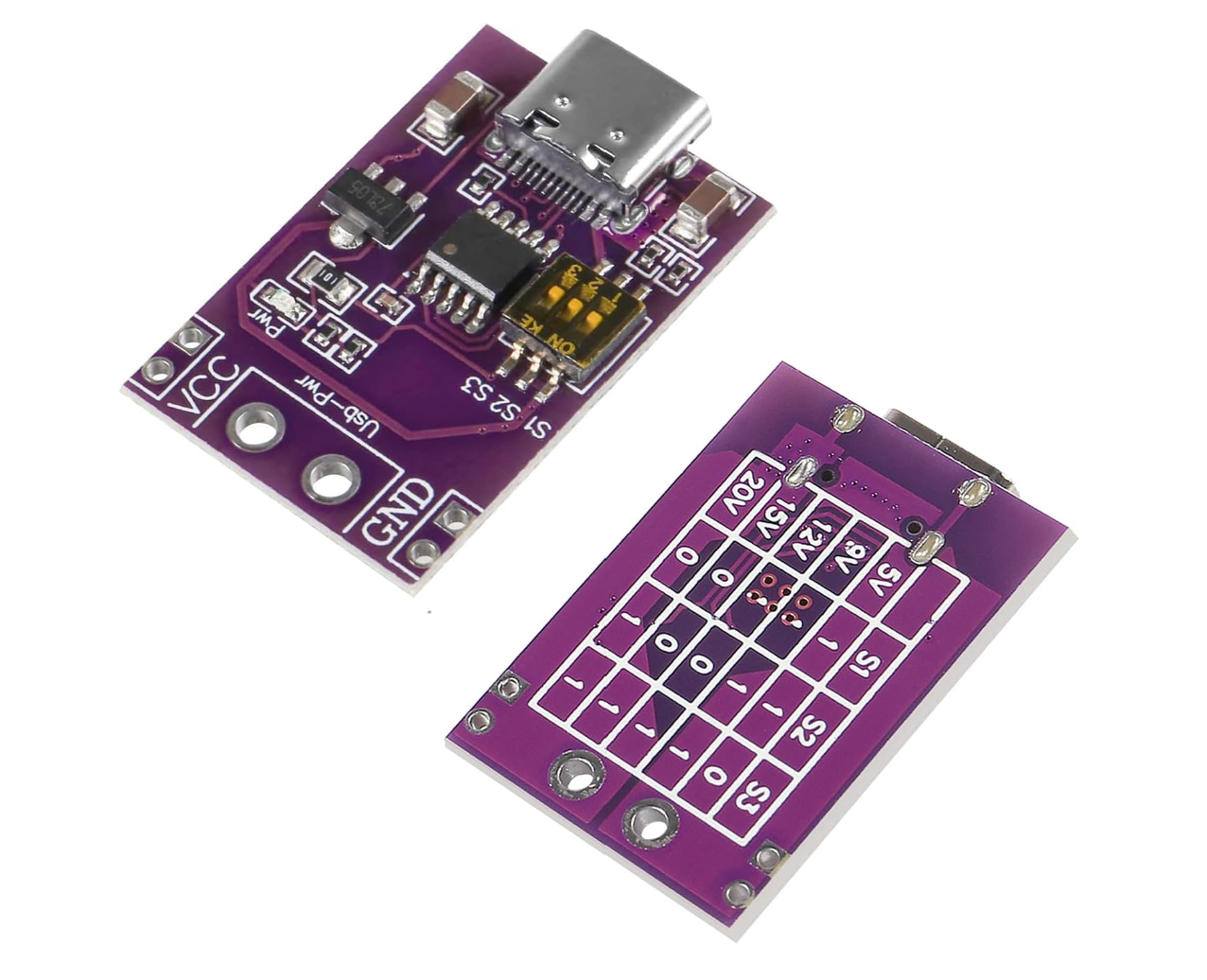 Type-C QC AFC PD2.0 PD3.0 to DC Fast Charging USB-PD Charger - two purple circuit boards with a USB-C port, a DIP switch, and a voltage table.