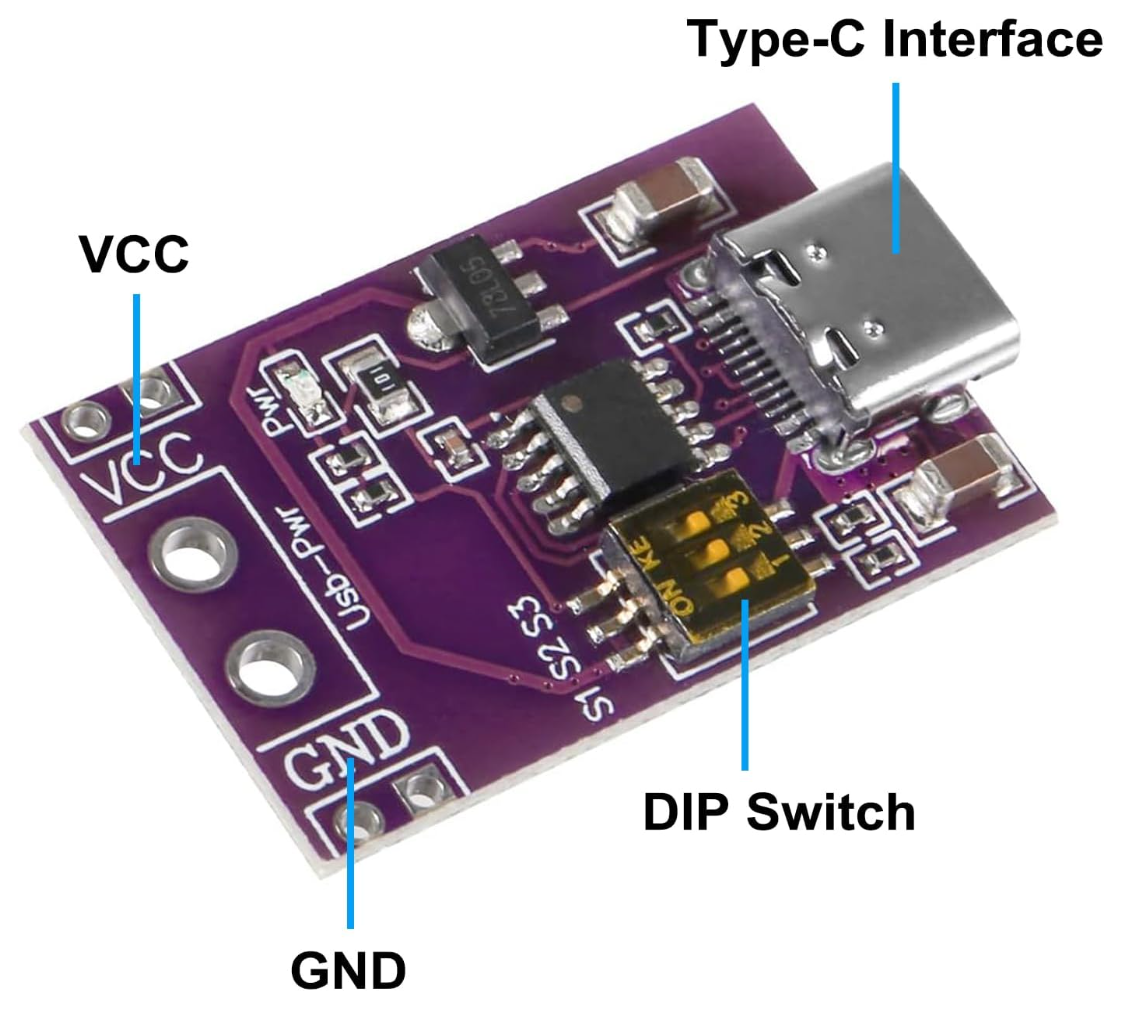 Type-C QC AFC PD2.0 PD3.0 to DC Fast Charging USB-PD Charger - a Type-C port, a three-position DIP switch, and VCC/GND pins.