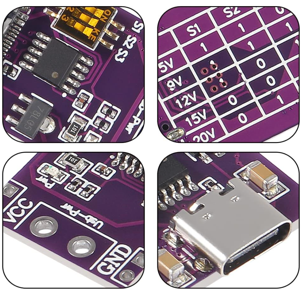 Type-C QC AFC PD2.0 PD3.0 to DC Fast Charging USB-PD Charger - the purple circuit board, USB-C port, dip switches, and voltage chart.