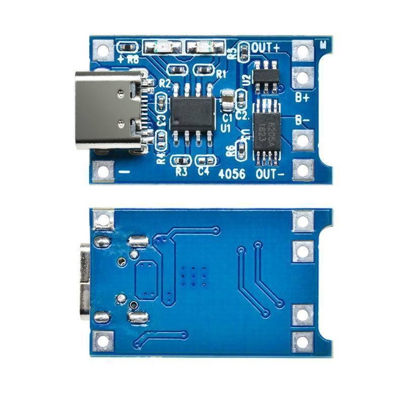 Type C TP4056 Lithium Battery Charging Board 1 Amp - shown from both the top side with a USB-C port and components, and the bottom side with copper traces.