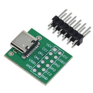 Type C USB Female To DIP PCB Breakout Board - a green circuit board with a USB-C port and a separate row of header pins.