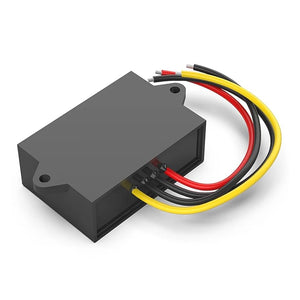 UENPO 12V 5A DC Isolated Power Supply 75~150V to 5V Voltage Reduction Module - a black rectangular electronic component with four protruding wires in red, black, and yellow.