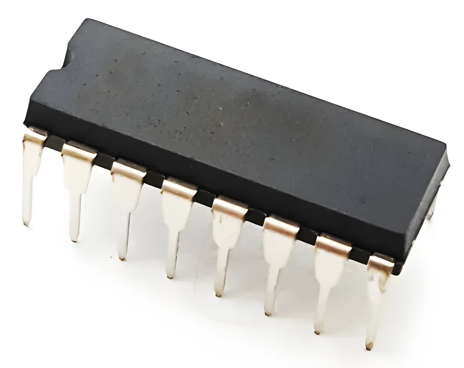 ULN2003 IC - a black rectangular integrated circuit with sixteen metal pins arranged in two parallel rows, shown from a high-angle perspective.