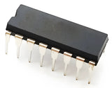 ULN2003 IC - a black rectangular integrated circuit with sixteen metal pins arranged in two parallel rows, shown from a high-angle perspective.