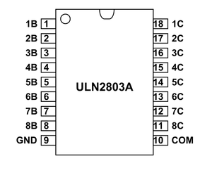 ULN2803A SMD Hi-voltage Current Darlington Transistor Array - a black rectangular integrated circuit diagram showing pins 1 through 18 labeled 1B-8B, 1C-8C, GND, and COM.