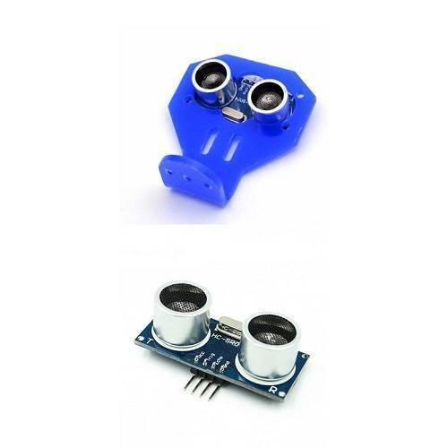 Ultrasonic Distance Sensor Mounting Bracket Holder Stand - shown with a blue plastic mounting bracket and an HC-SR04 ultrasonic sensor module.
