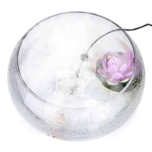 Ultrasonic Humidifier Mist Maker Air Humidifier Fog Maker - shown inside a glass bowl filled with mist, water, and a decorative purple lotus flower.