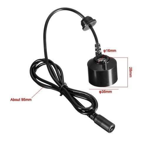 Ultrasonic Humidifier Mist Maker Air Humidifier Fog Maker - a black cylindrical unit with a power cable and DC jack, including red dimension labels for its size.