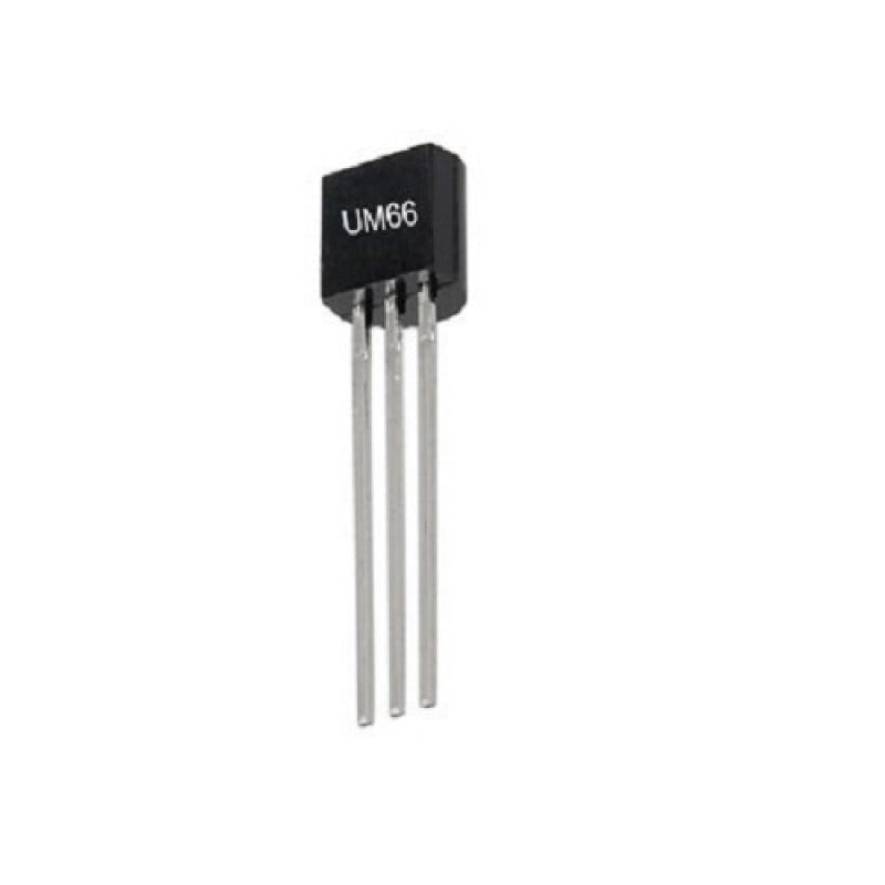UM66 Melody Generator IC – CMOS LSI Sound Chip for Doorbells, Toys, Alarms - a black, three-pin electronic component with the text "UM66" printed on its front face.