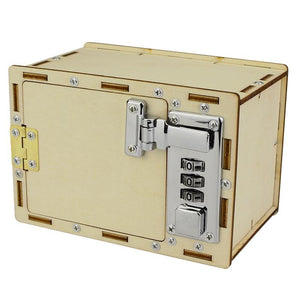 UnAssembled 3D Kids Wooden Lockbox Kit DIY Wooden - a light-colored wooden box assembled with a silver metal combination lock latch on the front.