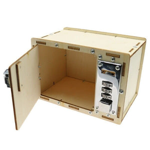 UnAssembled 3D Kids Wooden Lockbox Kit DIY Wooden - shown as a light-colored wooden box with an open door and a silver three-digit combination lock.