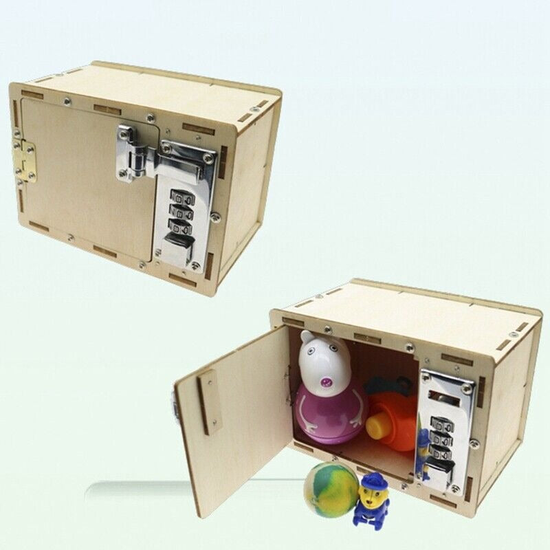 UnAssembled 3D Kids Wooden Lockbox Kit DIY Wooden - shown as a light-wood box with a three-digit combination lock, pictured closed and open with toys.