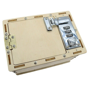 UnAssembled 3D Kids Wooden Lockbox Kit DIY Wooden - a light-coloured wooden box with a metal hinge on the left and a three-digit combination lock.