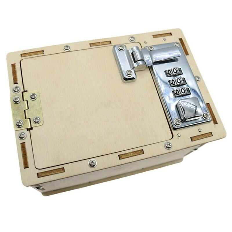 UnAssembled 3D Kids Wooden Lockbox Kit DIY Wooden - a light-coloured wooden box with a metal hinge on the left and a three-digit combination lock.